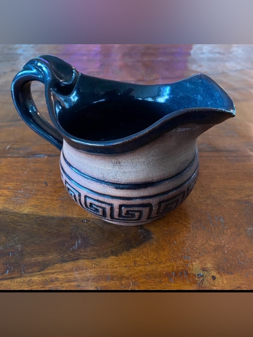 Handcrafted Terra Cotta Gravy Boat | Pitcher - Brown & Black w/ Greek Key patten